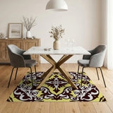 Ornate Yellow Damask Area Rug - Black White Motifs