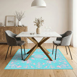 Flamingo Floral Blue Teal Washable Area Rug