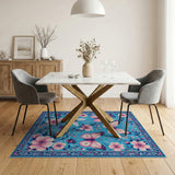Boho Pink Butterfly Floral Blue Area Rug