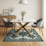 Teal Ornate Medallion Cream Area Rug