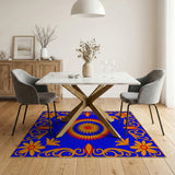Blue Persian Floral Rug with Orange Sunburst Medallion