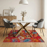 Vibrant Red Hibiscus Palm Leaf Area Rug