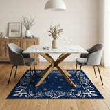 Navy Blue Snowflake Rug with Ornate Floral Border