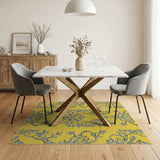 Elegant Blue Floral Damask on Yellow Area Rug