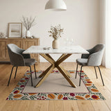 Orange Floral Border Area Rug on Beige