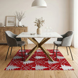 Festive White Christmas Trees on Red Geometric Rug