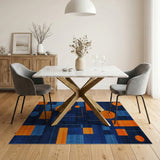 ODIKA Washable Abstract Geometric Area Rug, Modern Blue & Orange Low Pile Non-Slip Rug