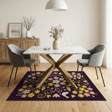 Whimsical Purple Floral Bird Rug with Hearts