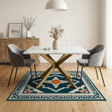 Blue and Teal Teal Geometric Heritage Tribal Area Rug