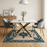 Elegant Teal Medallion Cream Area Rug