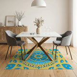 Vibrant Blue Mandala on Sunny Yellow Area Rug