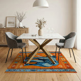 Bold Blue Elephant on Orange Southwestern Area Rug