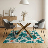 Teal Monstera Leaf Orange Bloom Area Rug
