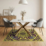 Ornate Yellow Persian Rug with Purple Swirls