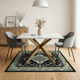 Ornate Black Persian Area Rug with Green Medallion