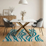 Teal Ocean Waves Area Rug on Beige