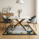 Elegant Blue Butterfly Gold Floral Border Rug