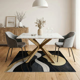 Washable Modern Black & Gold Abstract Wave Area Rug