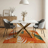 ODIKA Tropical Monstera Leaf Orange Washable Rug - Low Pile Non-Slip Area Rug
