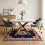 Navy Blue Persian Floral Area Rug with Red Accents