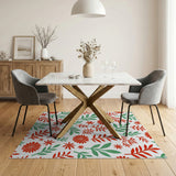 Red Green Floral Leaf Pattern Area Rug
