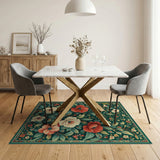 Emerald Green Red Poppy Floral Area Rug