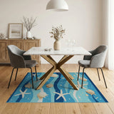 Coastal Blue Seashell Starfish Ocean Waves Rug