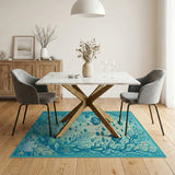 ODIKA Washable Teal Ocean Coral Reef Area Rug - Low Pile & Non-Slip Nursery Carpet