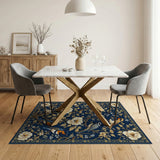 Navy Blue Peony Garden Birds Floral Area Rug