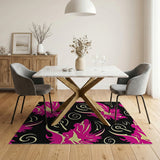 Vibrant Pink Floral Black Area Rug