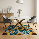 Vibrant Yellow Sunflower Teal Leaves Area Rug