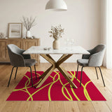 Vibrant Red Abstract Wavy Yellow Line Rug
