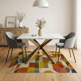 Washable Mid-Century Modern Geometric Area Rug - Low Pile Retro Earthy Tones