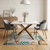 Blue Teal Seashell Starfish Coastal Border Rug