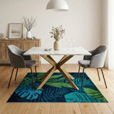 Blue and Teal Teal Monstera Leaf Area Rug