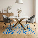 Abstract Blue Waves Area Rug on Cream Beige