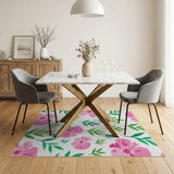 Pink Hibiscus Blooms Green Leaves Area Rug