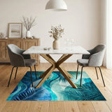 Blue Teal Palm Wave Coastal Area Rug
