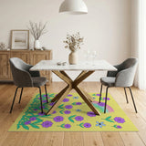 Whimsical Purple Flowers Rainbow on Yellow Kids Rug