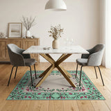 Teal Pink Floral Border Area Rug