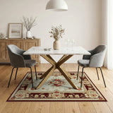 Elegant Ivory Peony Floral Area Rug with Burgundy Border