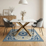 Navy Blue Gold Floral Medallion Rug