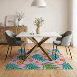 Pink Tropical Palm Leaves and Hibiscus Flower Rug