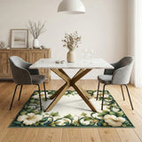 White Floral Green Vintage Washable Area Rug