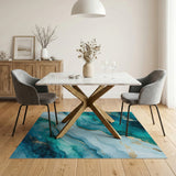 ODIKA Teal and Gold Abstract Agate Washable Rug - Low Pile Non-Slip Area Rug