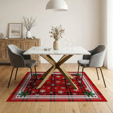 Red Plaid Snowflake Area Rug with Green Fronds