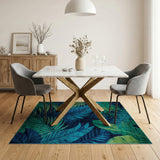 Blue and Teal Navy Blue Tropical Palm Leaf Area Rug