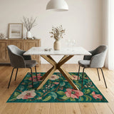 Teal Pink Camellia Floral Area Rug