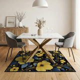 Vivid Yellow Blooms Blue Leaves Black Rug