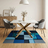 Layered Blue Teal Geometric Block Rug